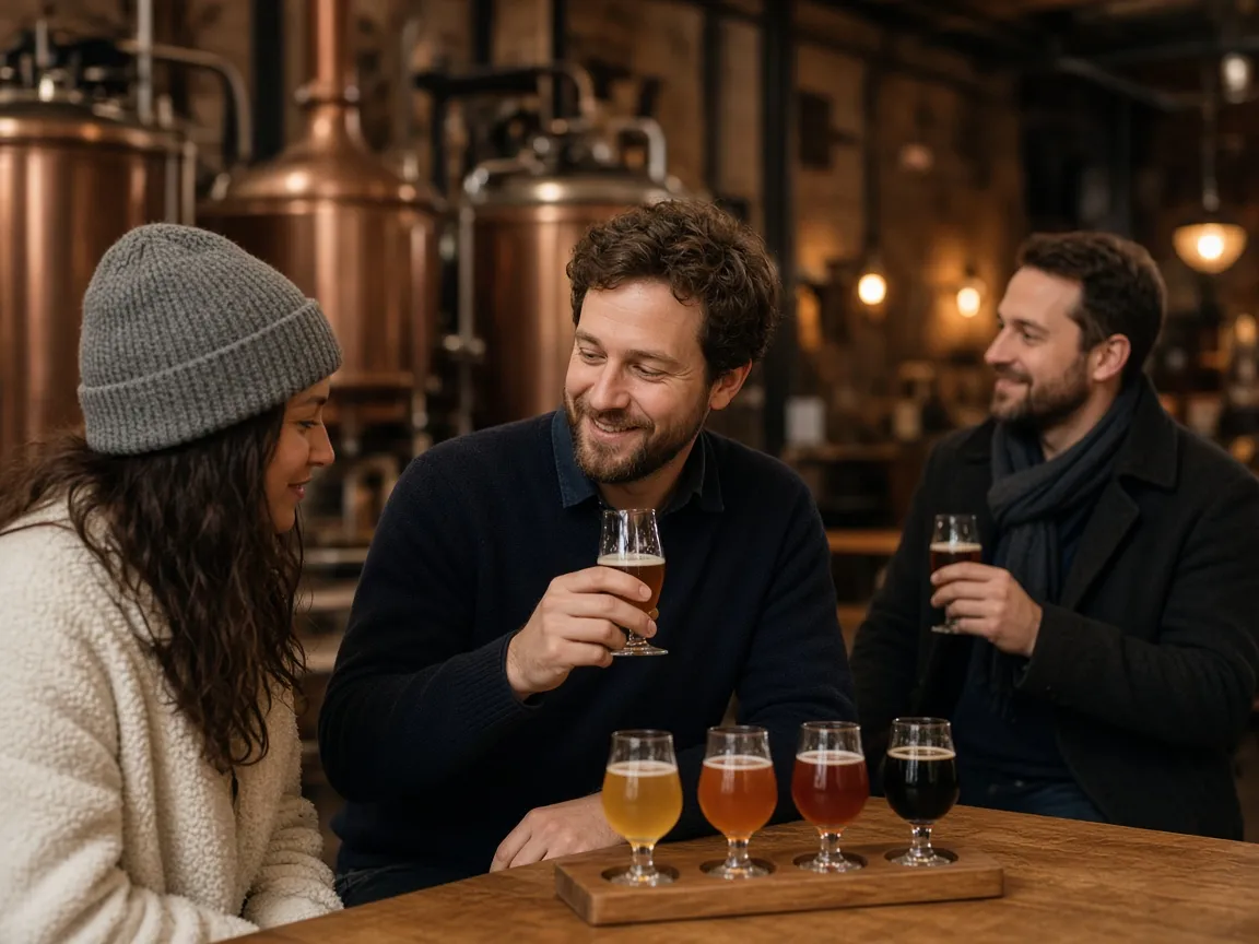 Friends sharing a tasting flight on a brewery tour