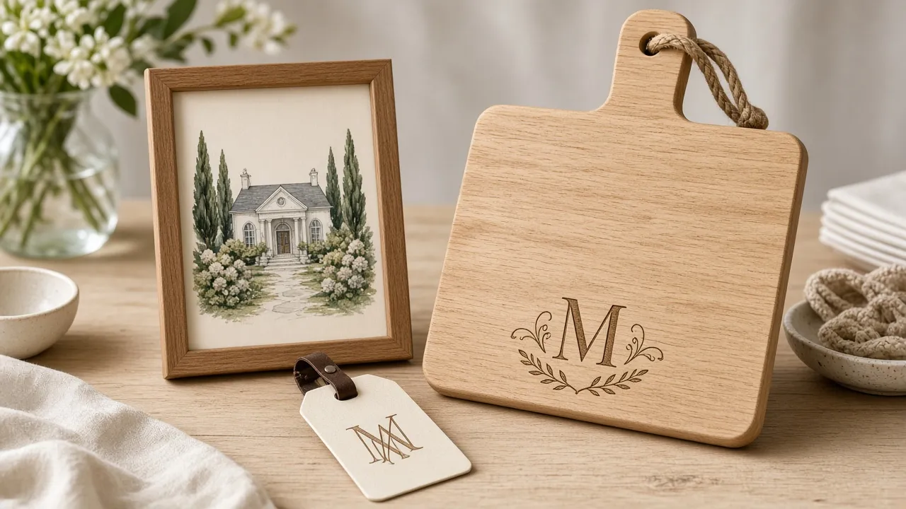 Personalized wedding gifts including an engraved cutting board and keepsakes