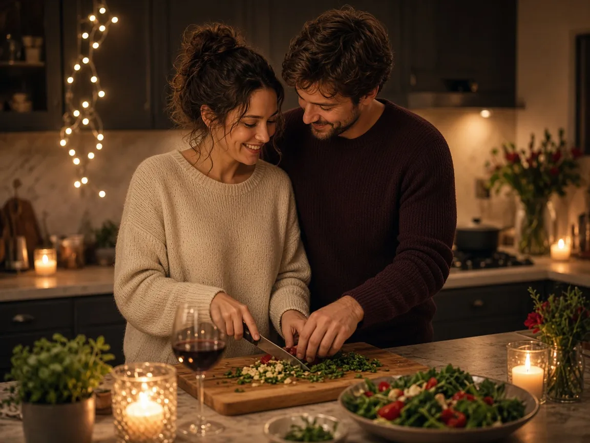 Couple cooking a Valentine's dinner together at home