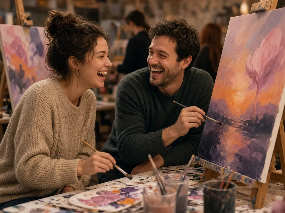 Couple laughing at a paint and sip class on Valentine's Day