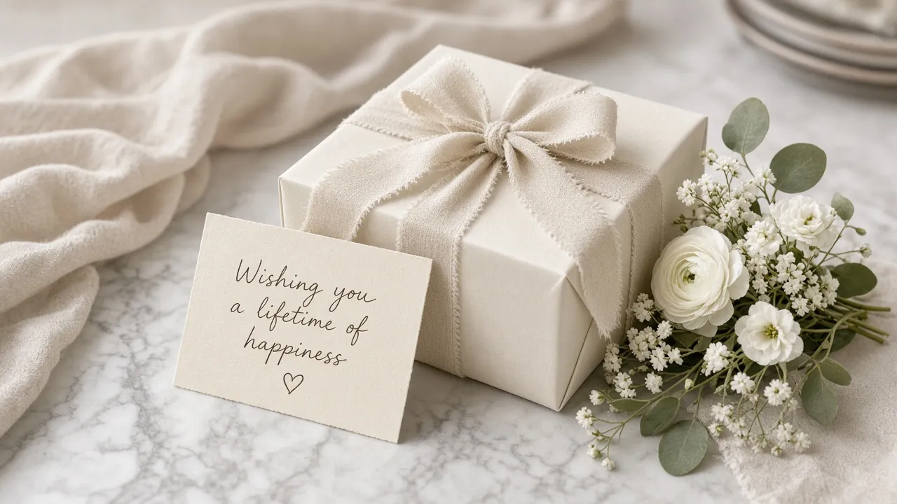 A thoughtfully wrapped wedding gift with a handwritten card