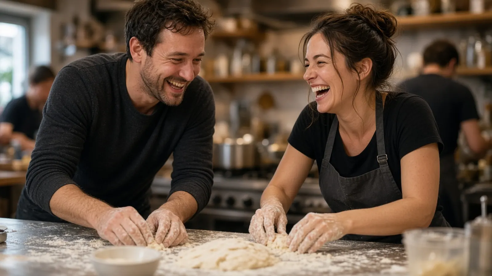 Couple laughing together at a cooking class experience