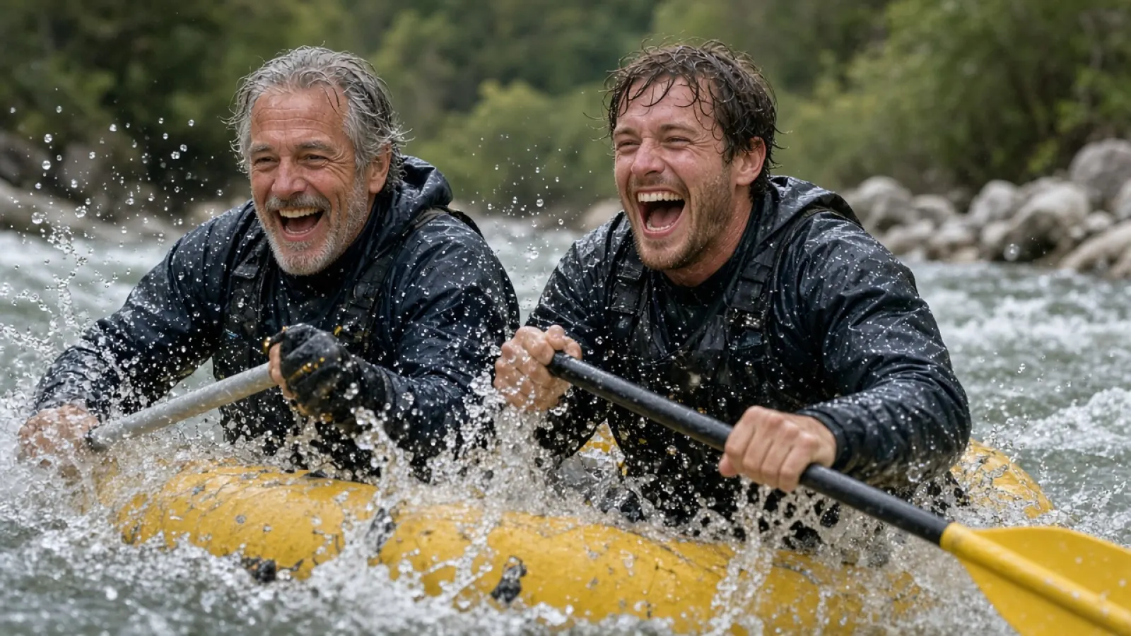Father and adult son on a river rafting trip together