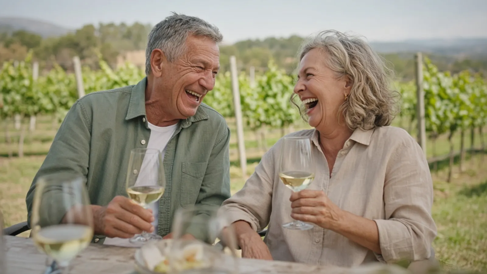 Older couple laughing during a vineyard wine tasting